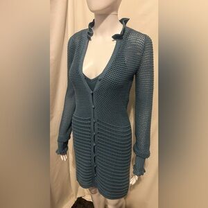Joie Xs Teal Blue Knit Crochet Cardigan Sweater Dress Bohemian Y2K Festival